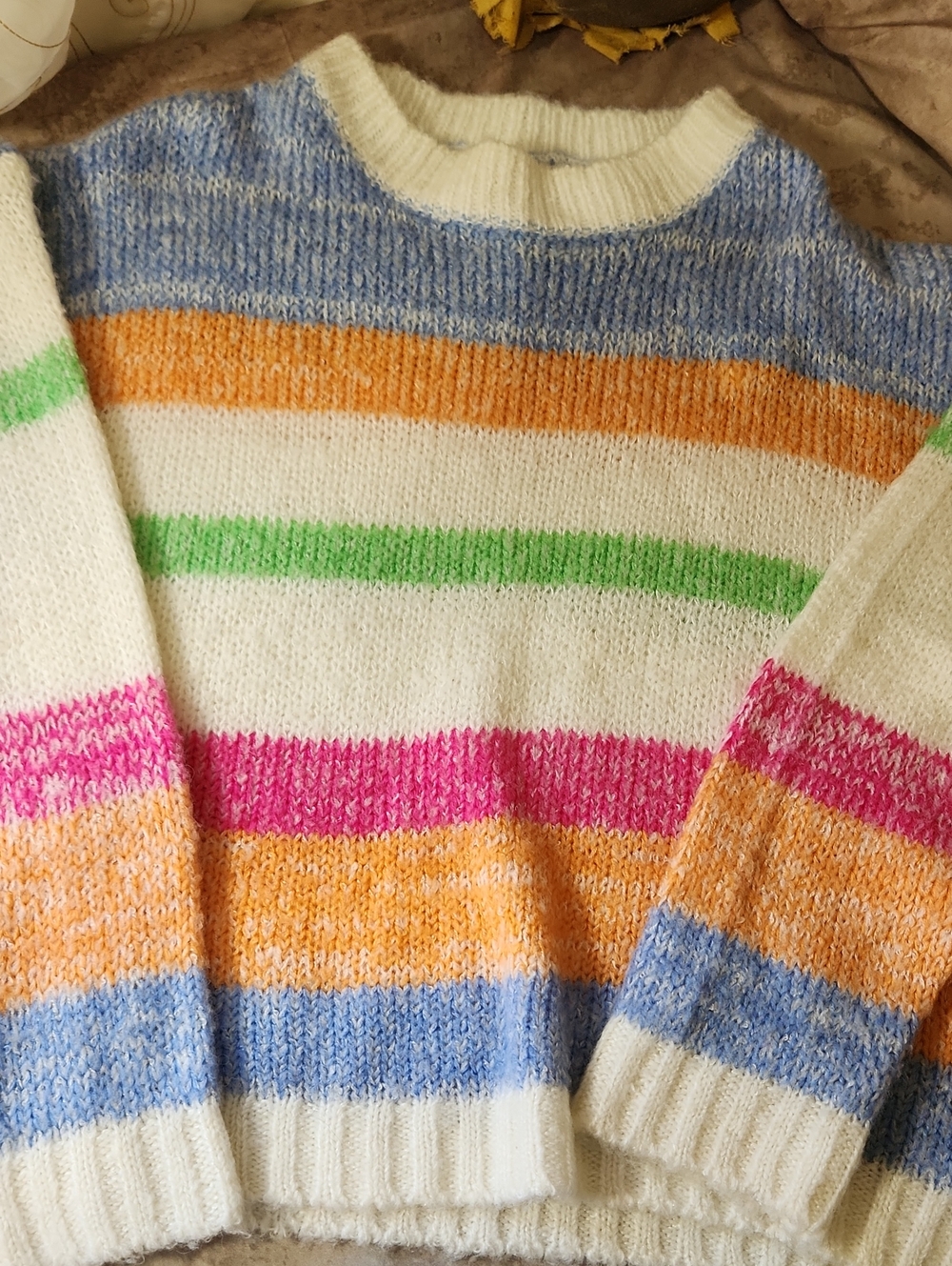 Vine & Love Cream Sweater with Blue, Orange, Green & Pink Stripes